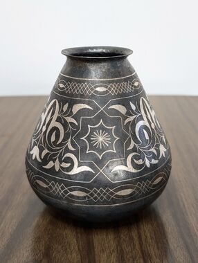 Antique Islamic Indo-Persian Bidriware Gray With Silver Koftgari Florals Vase